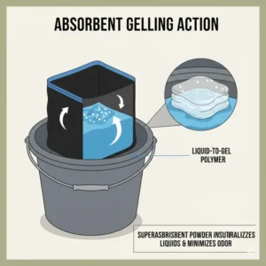 A diagram showing how the absorbent powder inside potty bags for camping turns liquid into gel.