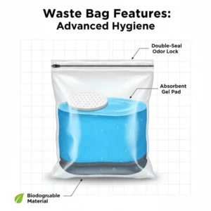 Close-up of absorbent pads used inside a camping bag toilet for waste management.