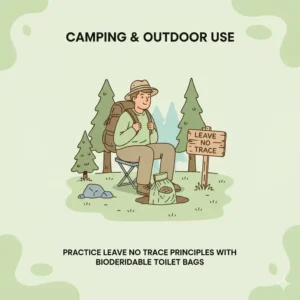 A hiker practicing Leave No Trace principles by using biodegradable toilet bags at a remote campsite.