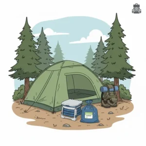 A convenient camping setup showing the use of a portable toilet and bags near a hiking tent.
