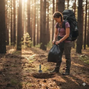A person sealing black portable toilet bags camping for sanitary and easy waste disposal.
