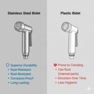 A graphic comparison highlighting the long-lasting durability of a stainless steel bidet compared to plastic models.