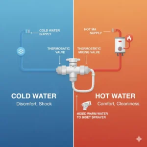 Technical plumbing schematic for connecting a handheld bidet with warm water to the supply lines.