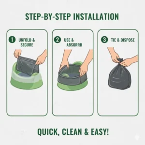 Three-step illustration showing how to unfold, secure, and tie a portable potty bags after use.