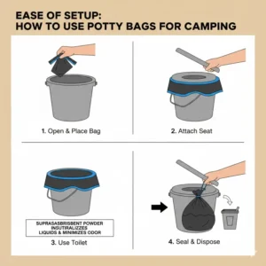 A step-by-step illustration of lining a portable bucket toilet with disposable potty bags for camping.