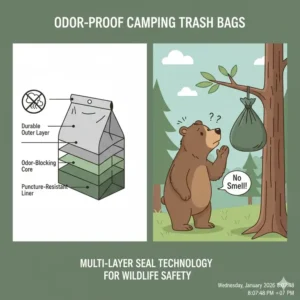An illustration highlighting the multi-layer seal technology of odor-proof camping waste bags for wildlife safety.