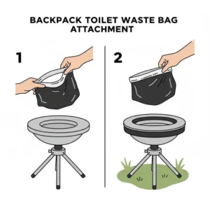 An instructional drawing showing how to attach a waste bag to a backpack toilet.