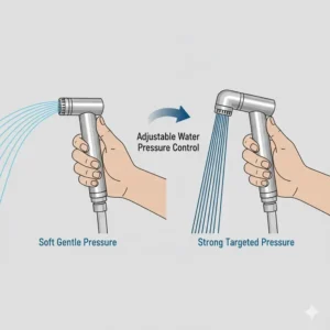 Close-up illustration of a hand using the pressure control lever on a high-quality stainless steel bidet.