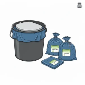 A sturdy 5-gallon bucket-style portable toilet and bags with a secure lid for sanitation.