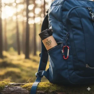 A backpack side pocket holding compact rolls of portable toilet bags camping for hikers.