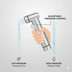 Close-up of the spray trigger on a handheld bidet with warm water showing pressure adjustment.