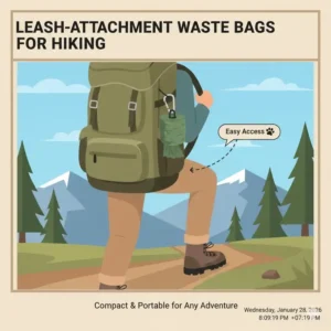 A vector drawing of portable camping waste bags attached to a backpack for easy access during a hike.