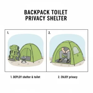A privacy tent setup featuring a backpack toilet inside for outdoor use.