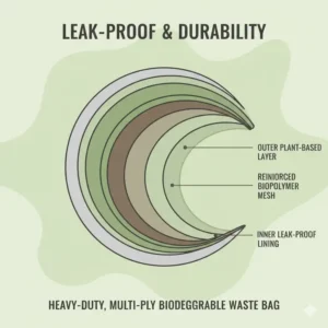 A technical cross-section showing the leak-proof and heavy-duty layers of premium biodegradable toilet bags.