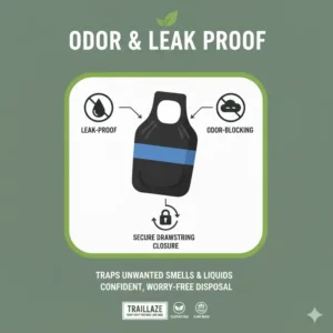 Visual representation of the leak-proof seal and odor control technology in portable loo bags.
