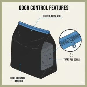 Illustration highlighting the double-seal zip lock on potty bags for camping to prevent odors.