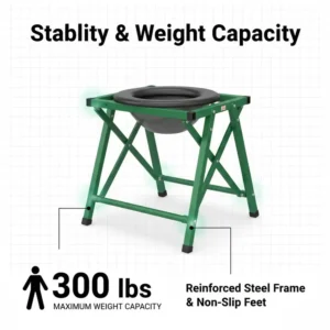 The durable steel frame construction of a high-capacity camping bag toilet.