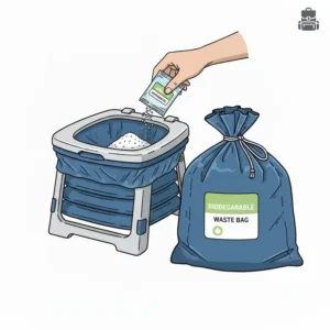 Illustration of absorbent powder being used with a portable toilet and bags to manage liquid waste.