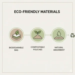 An icon-based illustration showing the compostable and biodegradable materials used in eco-friendly potty bags for camping.