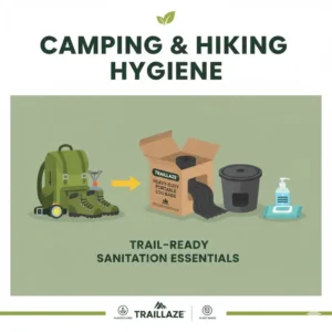 A collection of outdoor hygiene essentials featuring high-quality portable loo bags for camping.
