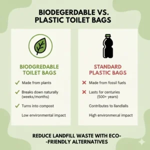 A comparison chart showing the environmental benefits of biodegradable toilet bags versus traditional plastic bags.