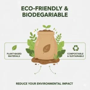 Illustration of eco-friendly and biodegradable portable potty bags breaking down safely in a compost environment.