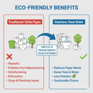 Infographic showing how using a stainless steel bidet helps the environment by reducing toilet paper waste.