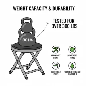 An infographic showing the heavy-duty weight capacity of a backpack toilet.