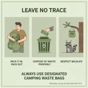 A "Leave No Trace" instructional graphic featuring the proper disposal of camping waste bags in designated bins.