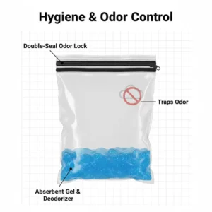 An illustration showing the leak-proof and odor-sealing system of a camping bag toilet.