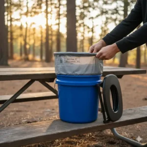 Demonstrating how portable toilet bags camping fit perfectly over a standard five-gallon bucket.