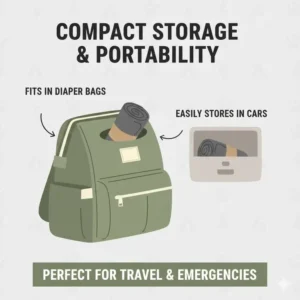 Illustration of a compact roll of portable potty bags fitting easily into a small diaper bag or car glove compartment.