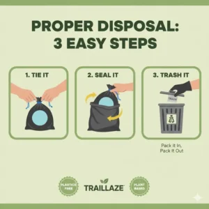 Step-by-step instructional guide on how to safely tie and dispose of portable loo bags.
