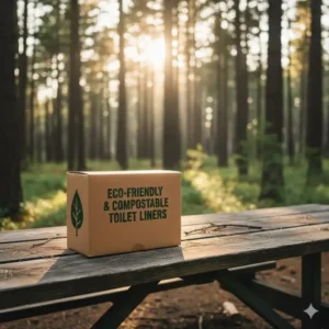 A retail box of eco-friendly and compostable portable toilet bags camping on a picnic table.