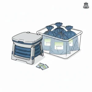 An essential emergency survival kit including a portable toilet and bags for disaster preparedness.