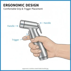 Ergonomic design of the handle and spray head of the stainless steel bidet spray.