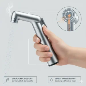 Illustration of the ergonomic stainless steel grip of a handheld bidet with warm water.