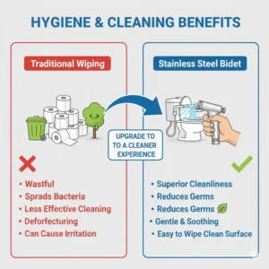 Visual representation of the hygienic self-cleaning nozzle and easy-to-wipe surface of a stainless steel bidet.