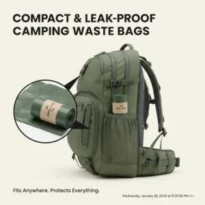 A 3D render showing a compact roll of leak-proof camping waste bags fitting into a side pocket of a travel bag.