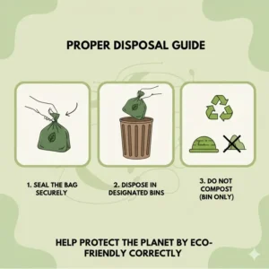 An educational guide on how to seal and dispose of biodegradable toilet bags in designated waste bins.