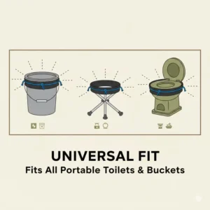 Illustration showing that these potty bags for camping fit various portable toilet seat sizes and buckets.