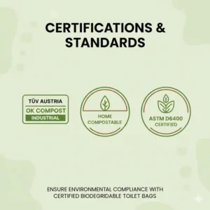 Official eco-friendly certification seals and quality standards for verified biodegradable toilet bags.