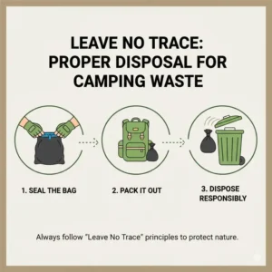 An illustration of a camper properly sealing and disposing of used potty bags for camping in a designated waste bin.