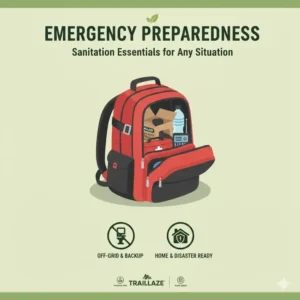 An emergency preparedness kit including a roll of portable loo bags for sanitation needs.