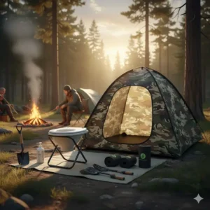 A complete outdoor sanitation set including a folding seat and several portable toilet bags camping.