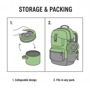 A diagram showing how a collapsed backpack toilet fits into a small storage bag.