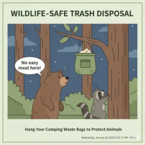 An educational illustration showing how hanging camping waste bags prevents bears and raccoons from entering a site.