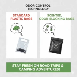 Infographic comparing standard plastic bags versus scented odor-blocking portable potty bags for road trips.