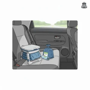 A travel-sized portable toilet and bags designed for long road trips and van life.