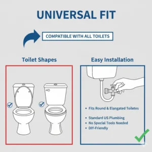Illustration demonstrating the universal fit and compatibility of a stainless steel bidet with various toilet shapes.